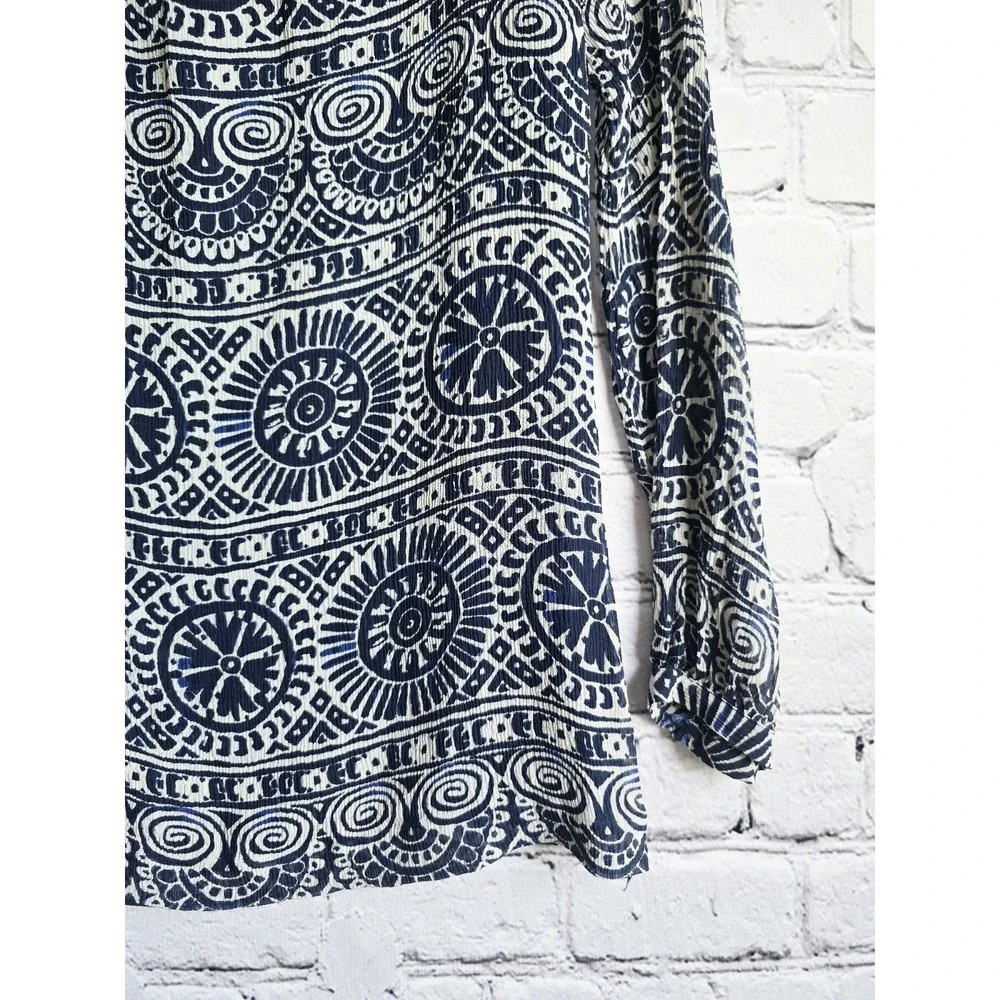 Tory Burch Silk Shell Navy Blue White Patterned Long Sleeve Button Accent Blouse